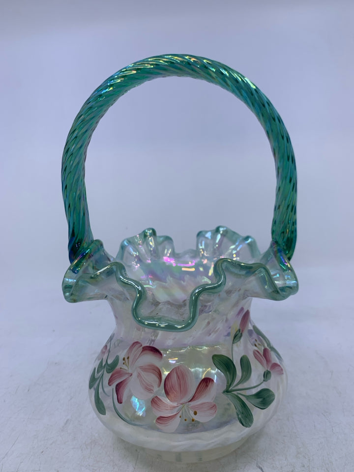 90TH ANNIVERSARY OPALESCENT SPIRAL OPTIC BASKET PAINTED FLOWERS.