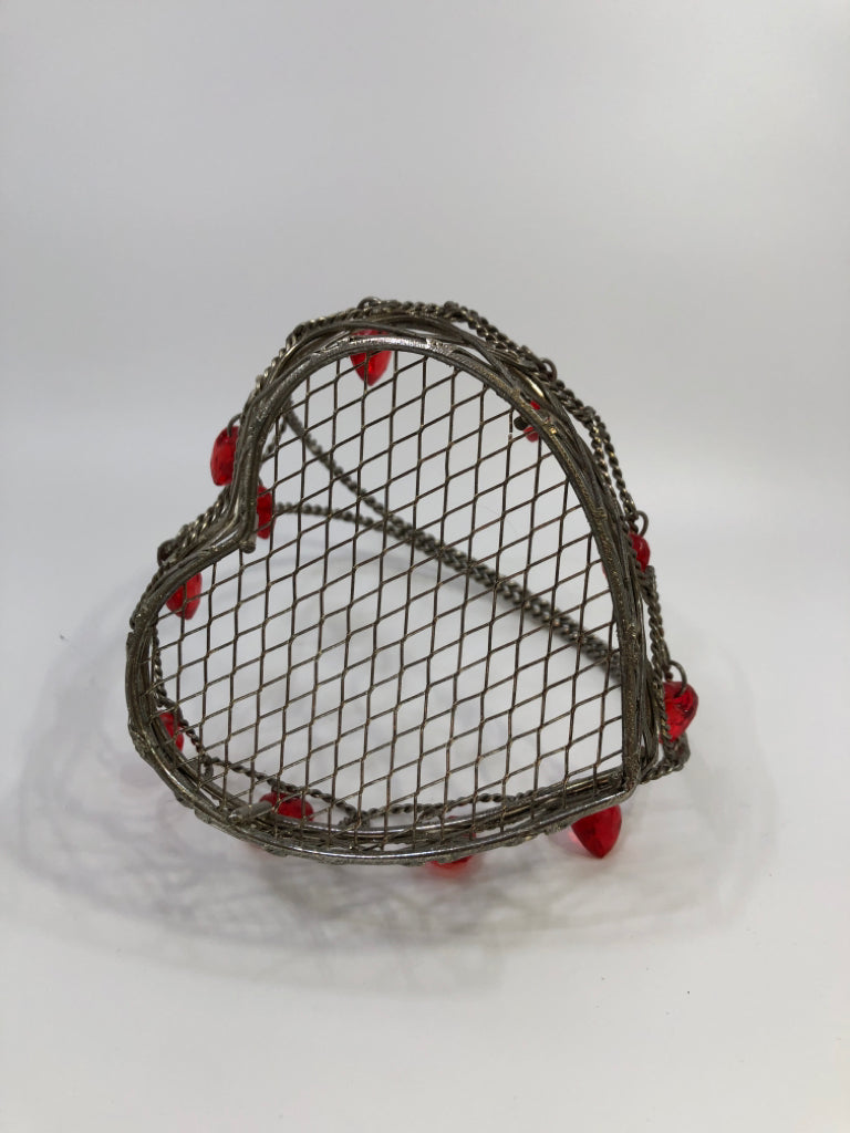 WIRE HEART BASKET W/RED HEARD BEADS.