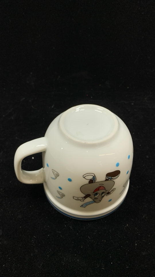 WHITE HERSHEY KISS MUG W BLUE RIM.