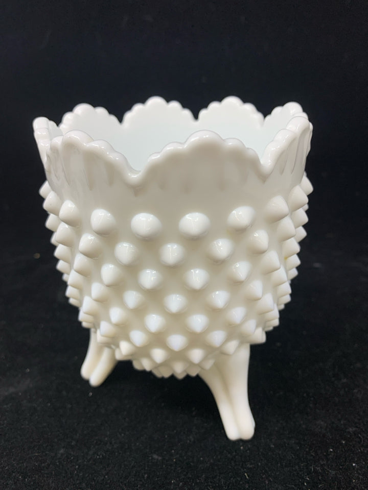 VTG TRI-FOOTED MILK GLASS VASE/ CANDLE HOLDER.