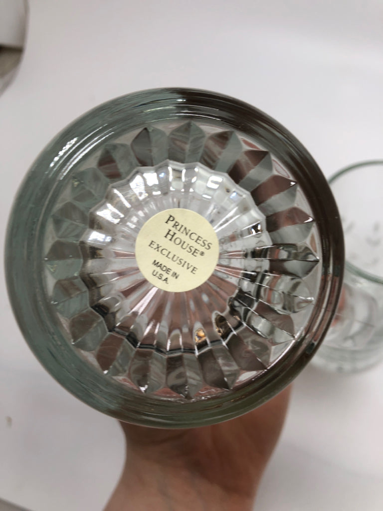 2 HERITAGE CRYSTAL STEIN W/ETCHED FLOWERS.