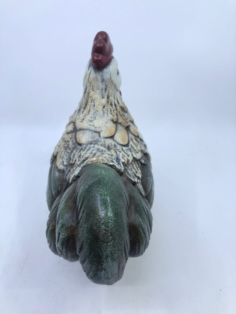 CERAMIC WHITE ROOSTER W GREEN FEATHERS.