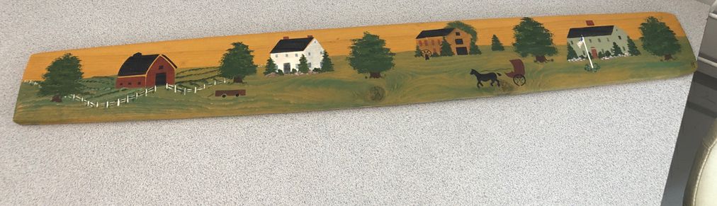 PRIMITIVE PAINTED VILLAGE ON WOOD PLANK.