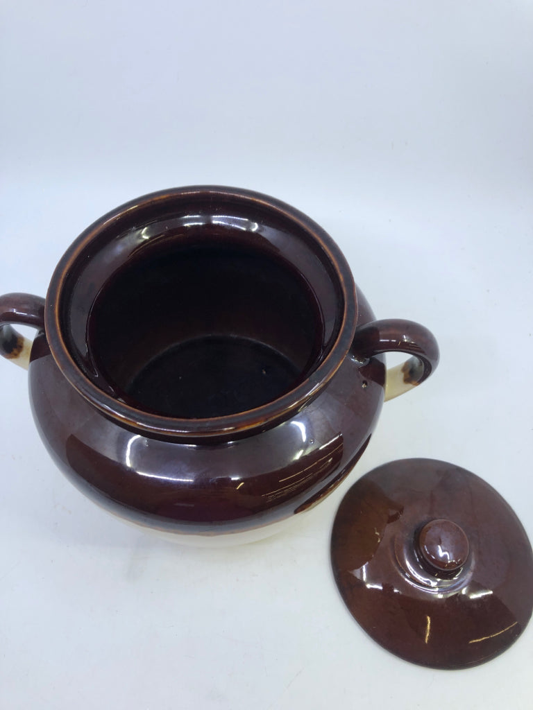 2-TONED COVERED BEAN POT W/HANDLES- BROWN & CREAM.