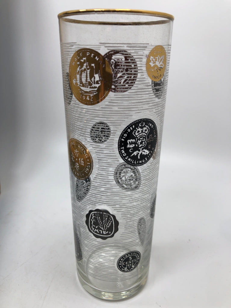 8 VTG COIN PRINTED PARTY TIME GLASSES IN BOX.