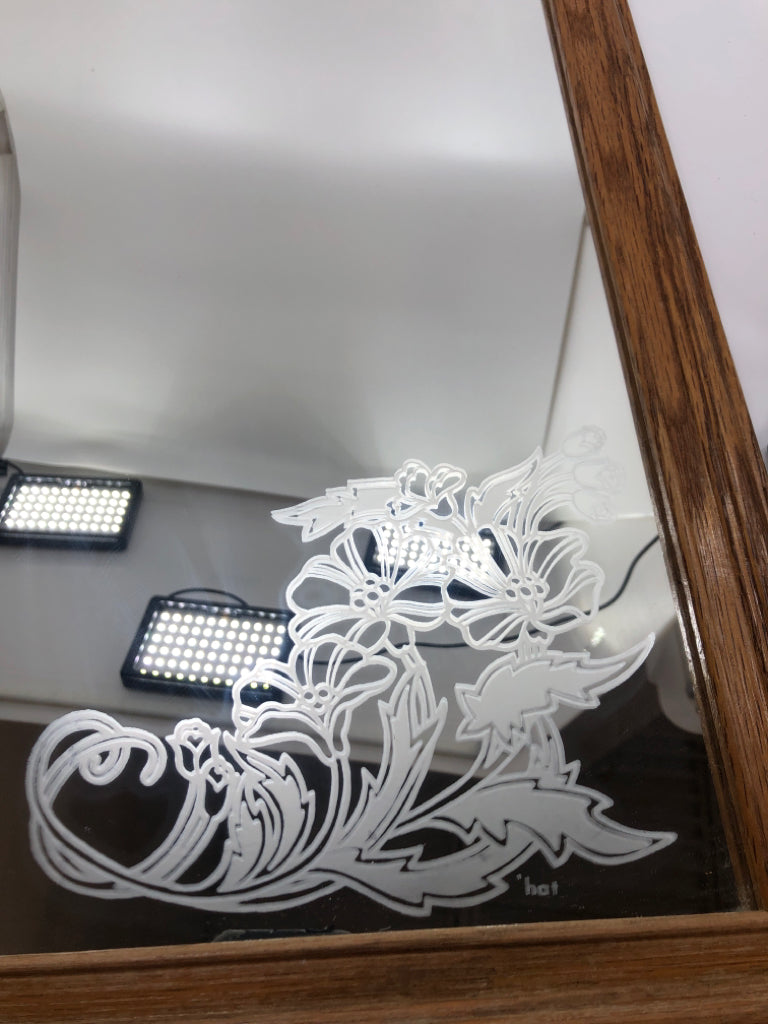 VTG STYLE WALL MIRROR W/FLORAL ETCHED DESIGN.