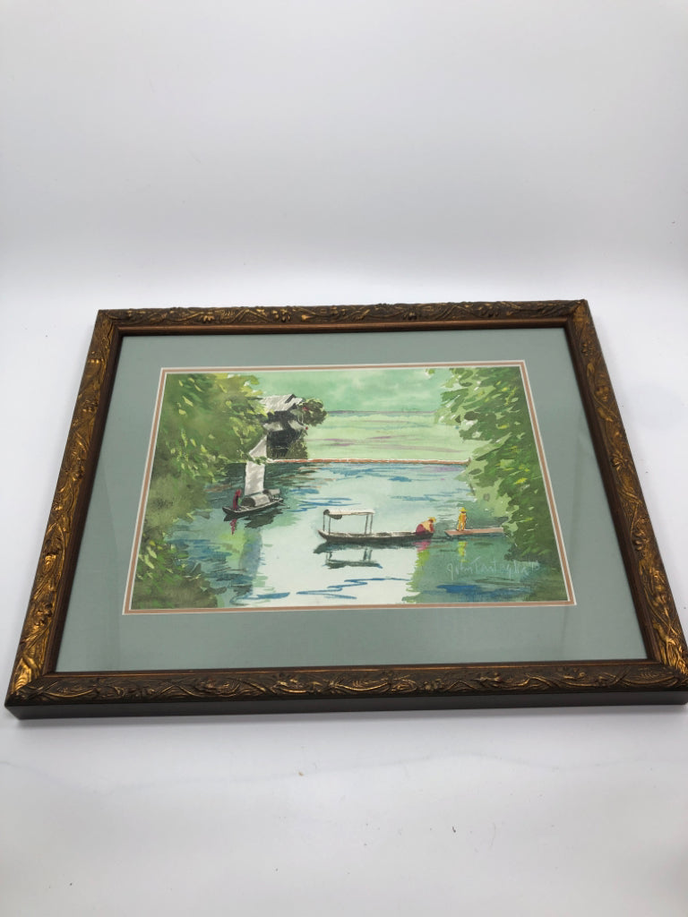 FISHERMEN WATERCOLOR IN GOLD WOOD FRAME.