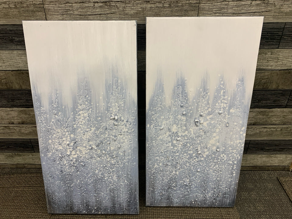 2 PC LIGHT BLUE SNOW SCENE CANVAS WALL HANGINGS.