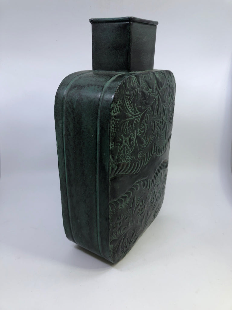GREEN RUSTIC TIN VASE W/FLORAL DESIGN.