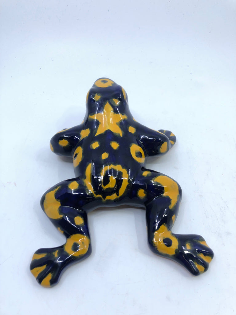 TERRA COTTA BLUE AND YELLOW FROG.