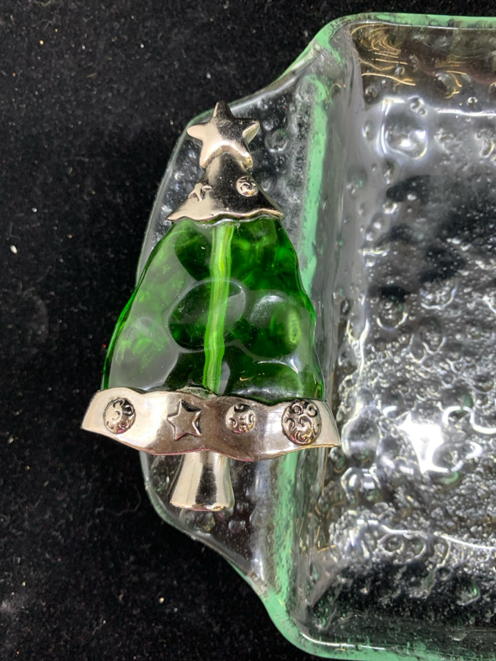 BUBBLE GLASS SERVING PLATTER W/ GLASS&METAL CHRISTMAS TREE ON HANDLE.