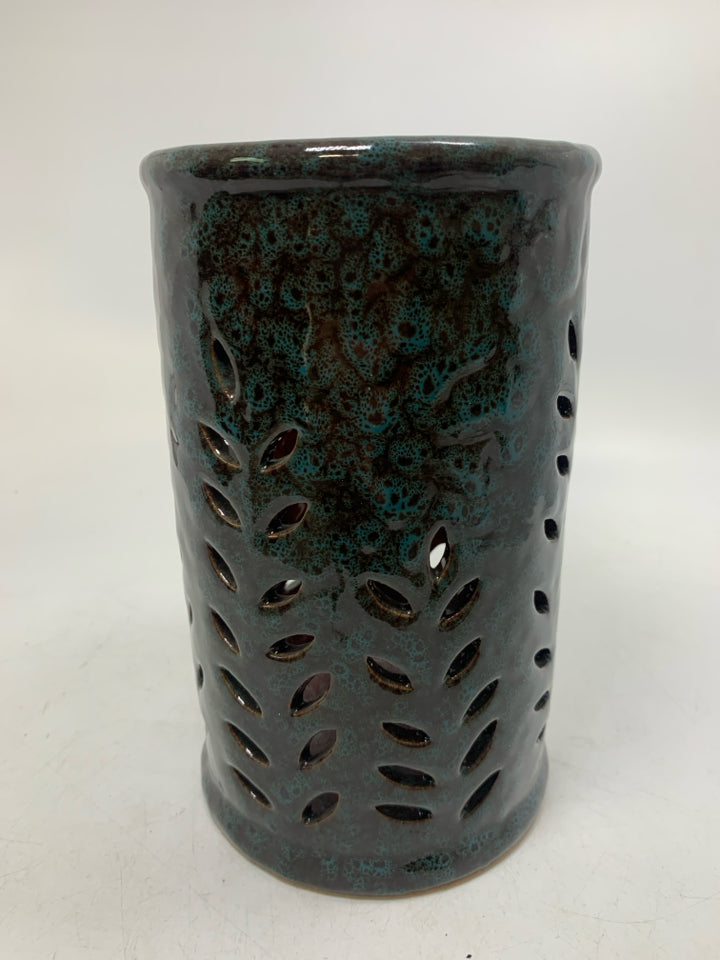 PIERCED CYLINDER TEAL SPECKS PILLAR CANDLE HOLDER.