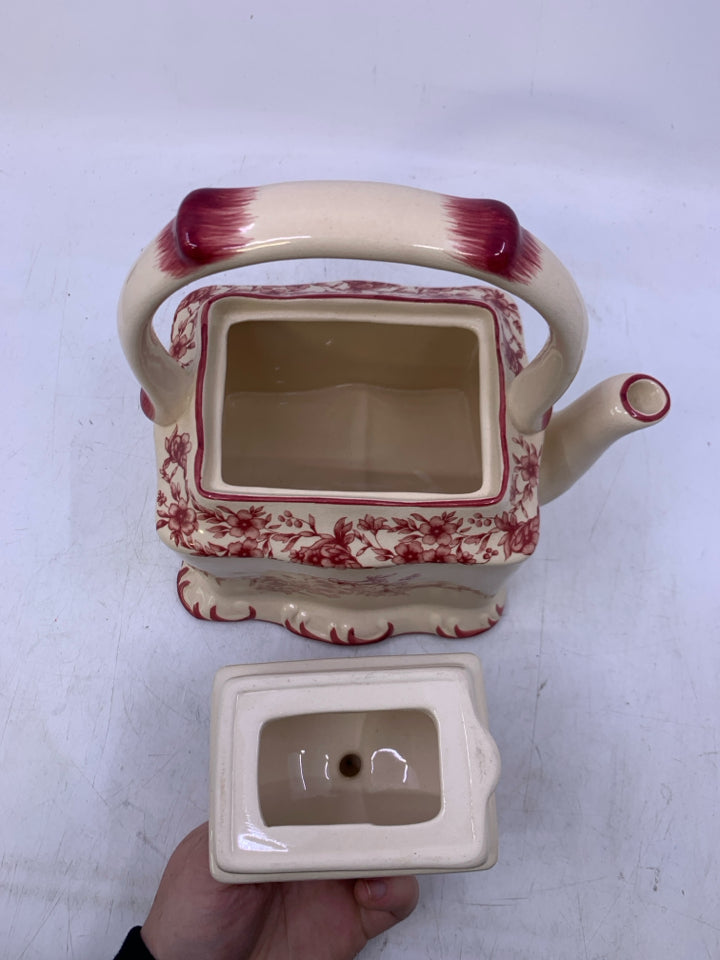 IVORY & FLORAL SQUARE TEAPOT.