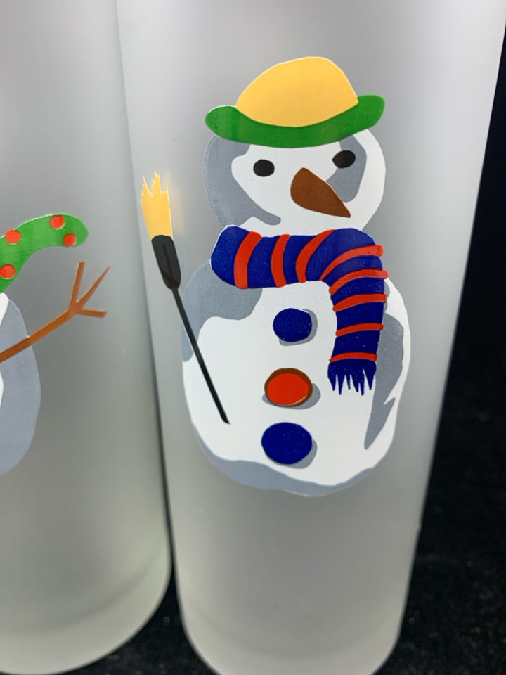 4 TALL FROSTED GLASSES W/ SNOWMEN.