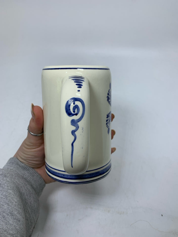 VTG WINDMILL ON WATER SCENE BLUE FLORAL BEER STEIN.