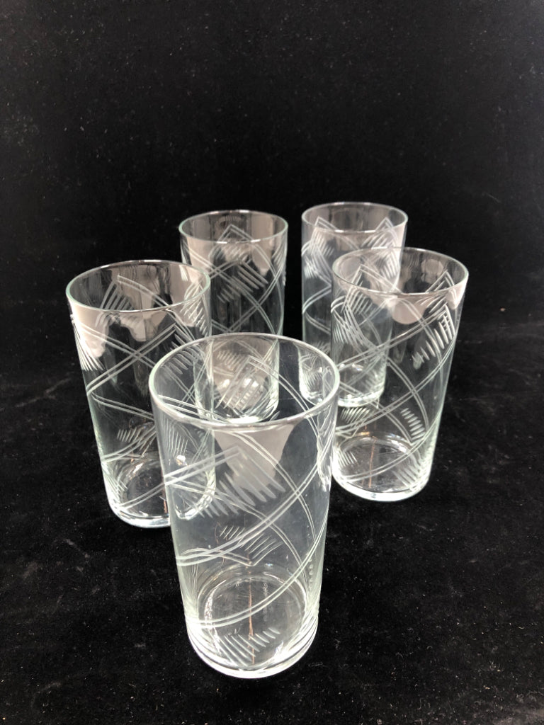 5PC ETCHED GLASS TUMBLERS.