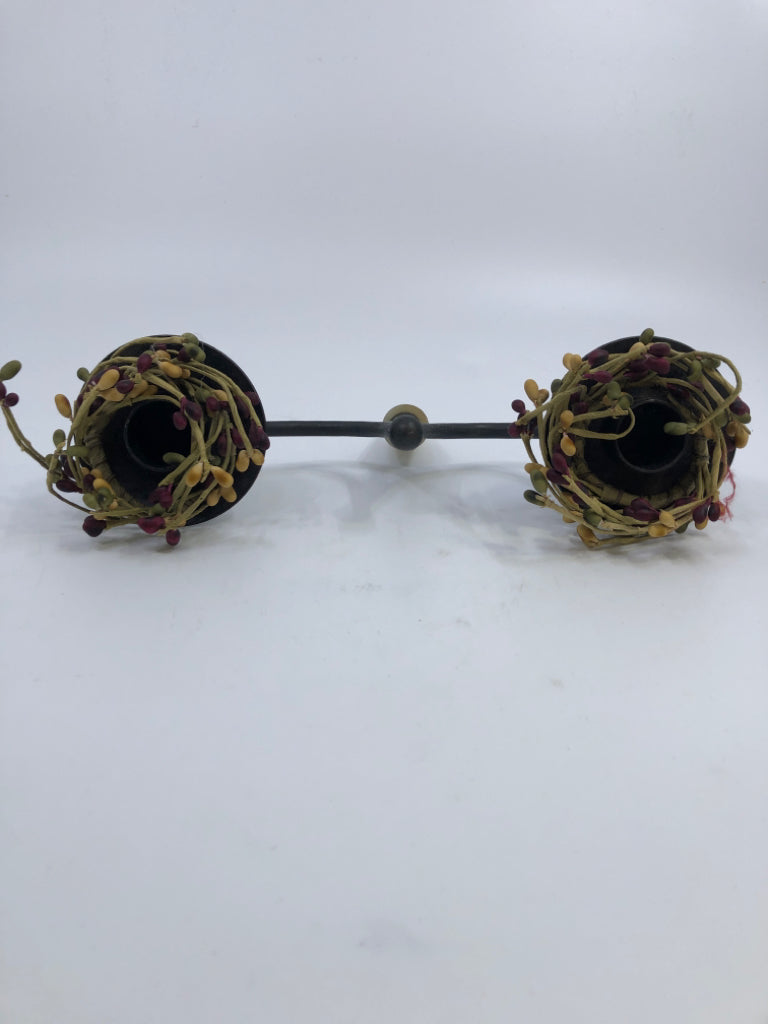 DOUBLE ARMED WROUGHT IRON CANDLE HOLDER WINE STOPPER W/PIP.