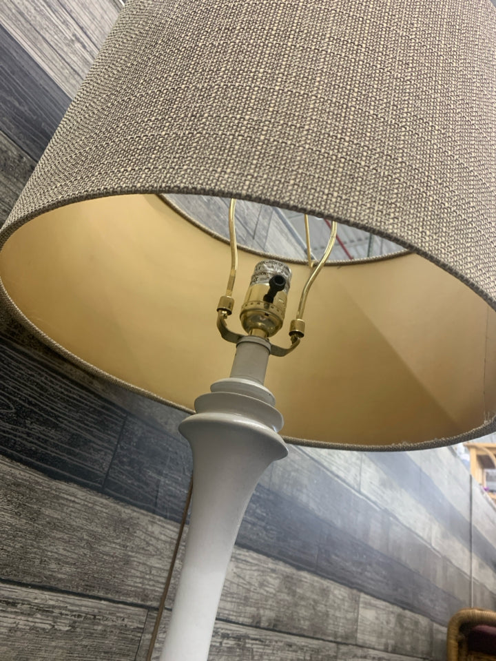 WHITE BUBBLE BASE LAMP W TAN SHADE.