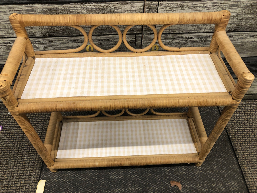 2 TIER WICKER SHELF W/ CHECK LINER.