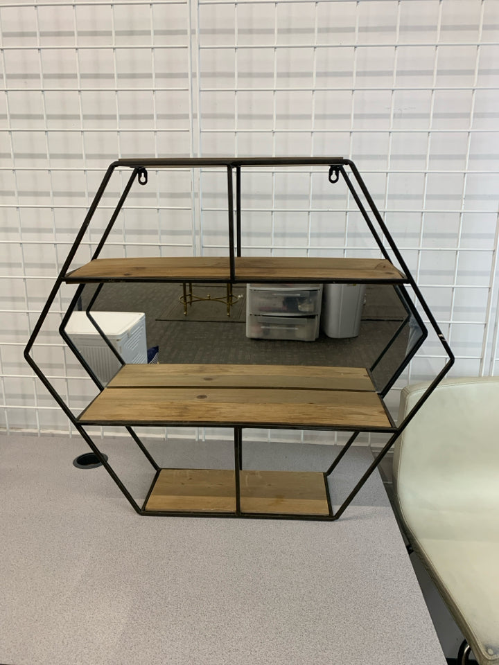 BLACK METAL AND WOOD HEXAGON SHELF W/MIRROR.