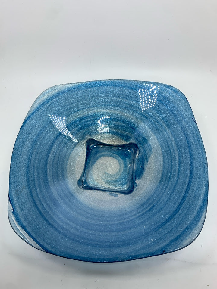 BLUE GLITTER SWIRL GLASS CENTERPIECE BOWL.