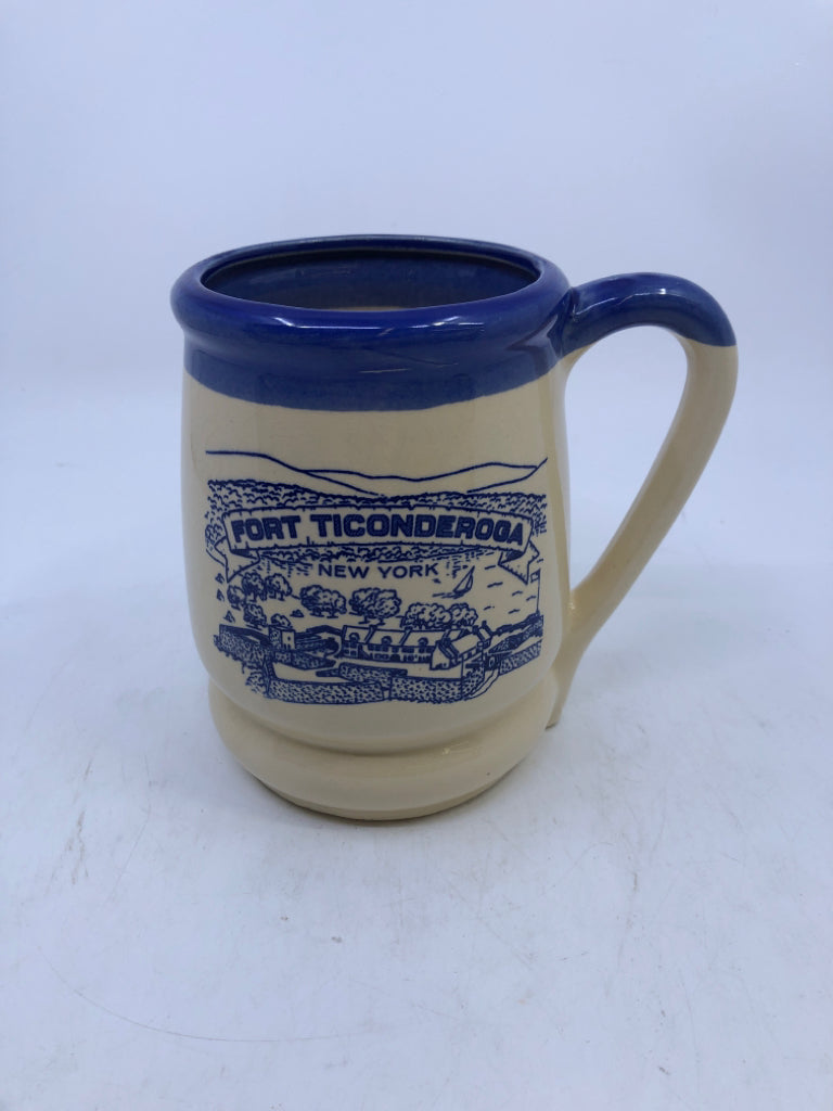 FORT TICONDEROGA CREAM/BLUE CERAMIC MUG.
