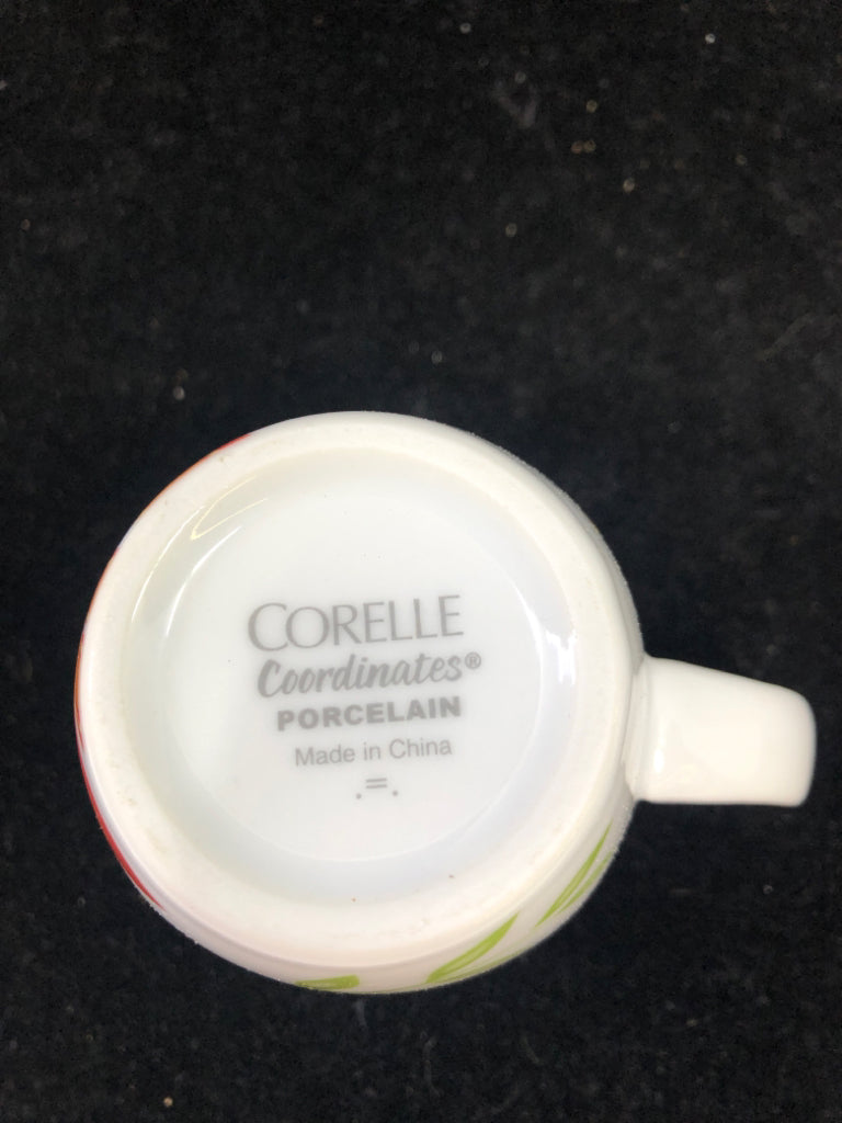 4 FLORAL CORELLE MUGS.