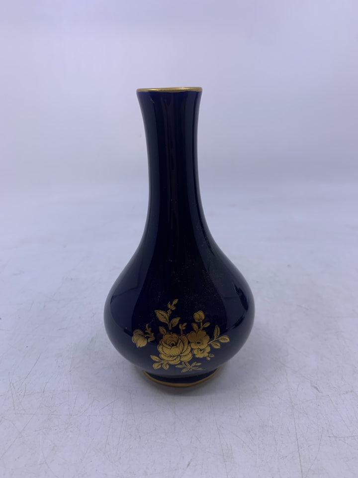 COBALT BLUE W/ GOLD ROSES BUD VASE LONG NECK.