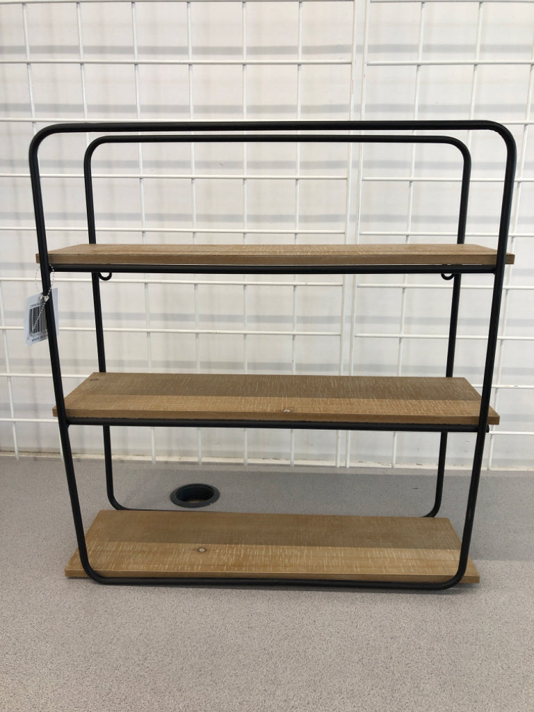 3 SHELF BLACK METAL AND WOOD SHELF.