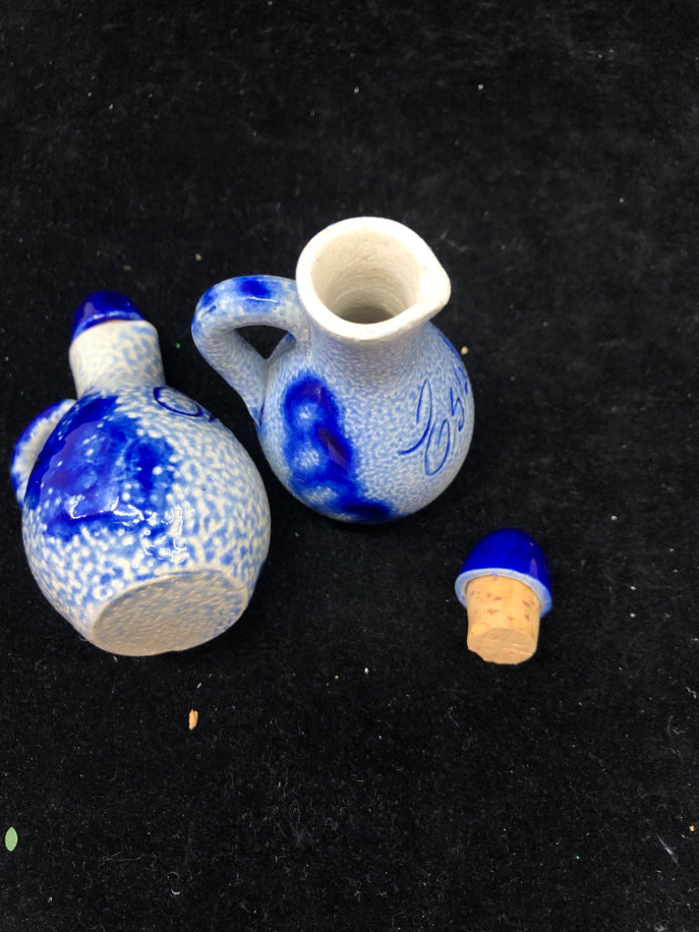OIL + VINEGAR BLUE CERAMIC TEXTURED BOTTLES.