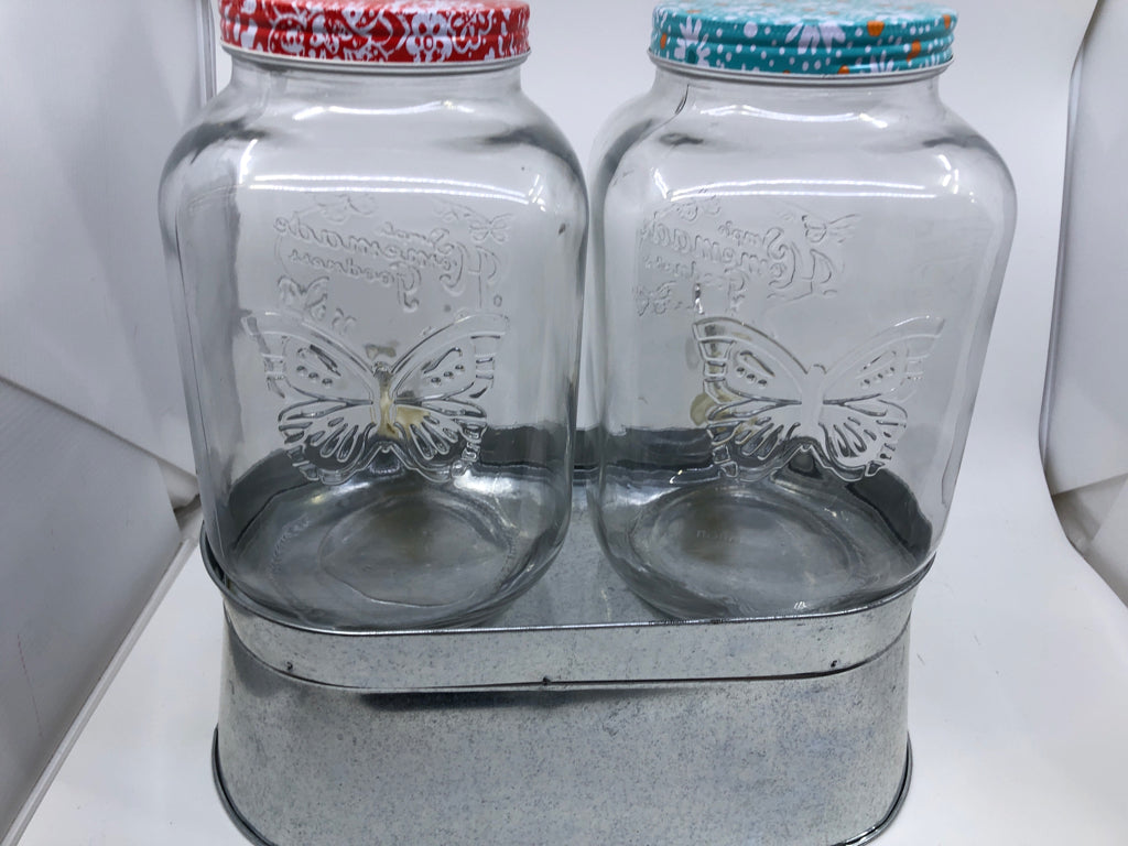 3 PC GLASS DRINK DISPENSER SET W/ GALVANIZED STAND COLORFUL LIDS.