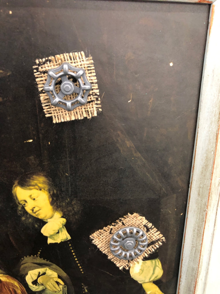 YOUNG WOMAN COMPOSING MUSIC FRAMED PRINT W/TURNING GEAR ATTACHMENTS.