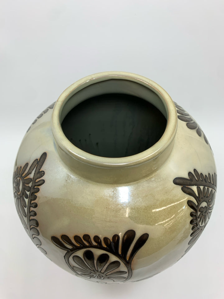 TAN W/BROWN FLORALS CERAMIC VASE.