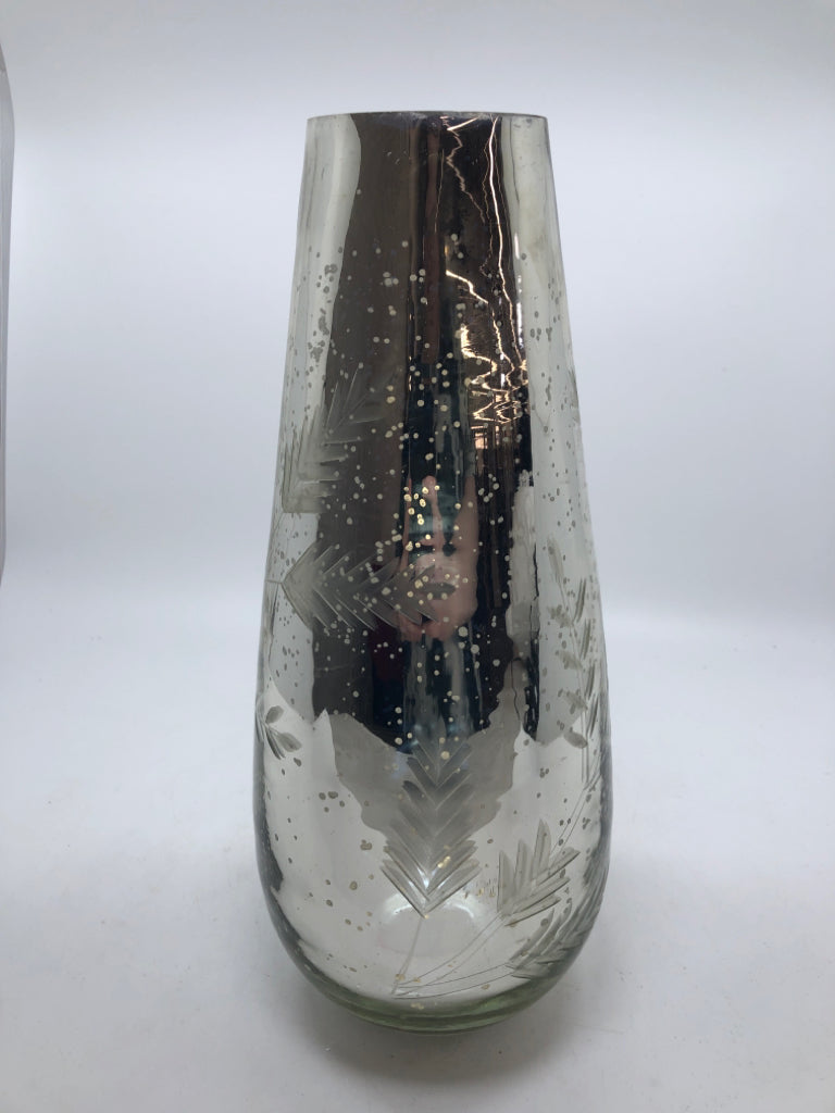 TALL MERCURY GLASS VASE W/ SPECKLES/LEAF DESIGN.