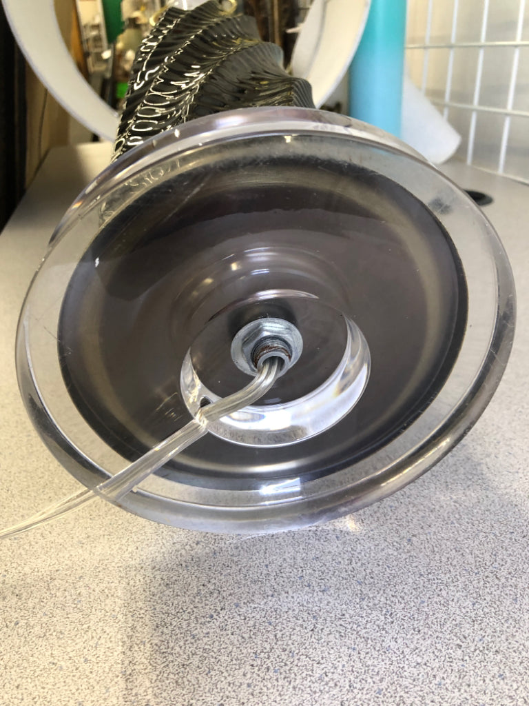 TALL BLACK CERAMIC SWIRL/LINED BASE W/ WHITE SHADE.