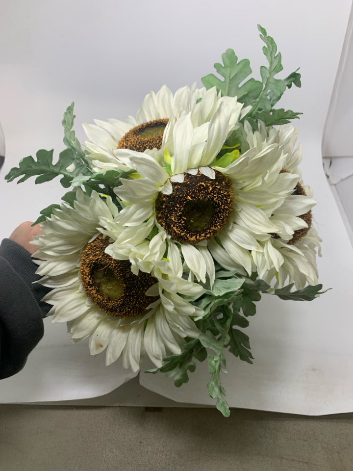LARGE GREY PLANTER W/ FAUX WHITE DAISIES.
