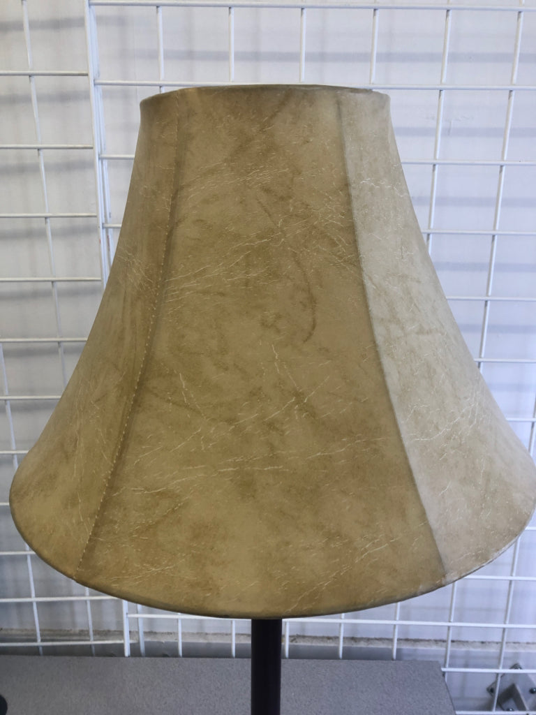 BROWN BASE LAMP, FAUX LEATHER TAN SHADE.