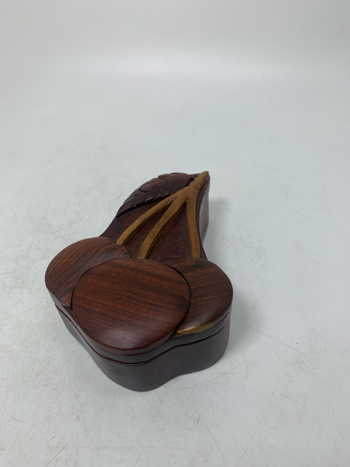 DARK WOOD CARVED CHERRIES PUZZLE TRINKET BOX.