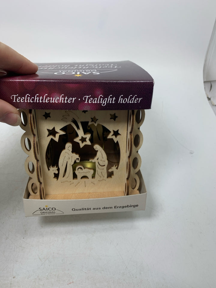 NIB SAICO WOOD MARY/JOSEPH CUTOUT TEALIGHT HOLDER.