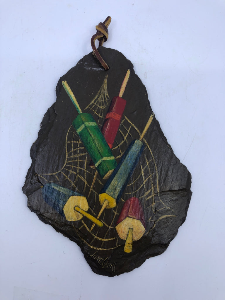 BROWN PAINTED SLATE W/ COLORED BUOYS WALL HANGING.