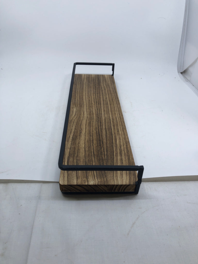 WOOD WALL SHELF W/ BLACK METAL.