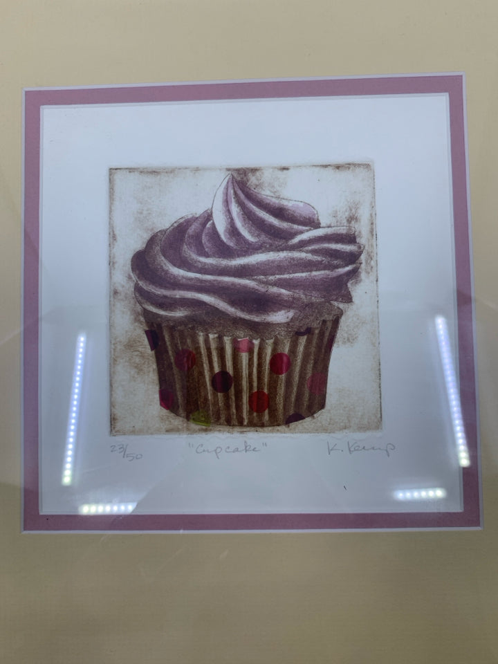 CUPCAKE ETCHING SIGNED BY ARTIST IN GOLD FRAME.