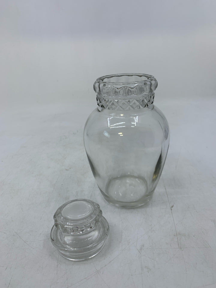 CLEAT GLASS JAR W/ DIAMOND PATTERN TOP/LID.