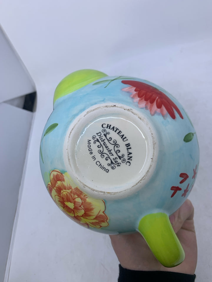 BLUE GREEN TEA POT W/ PINK FLOWER.