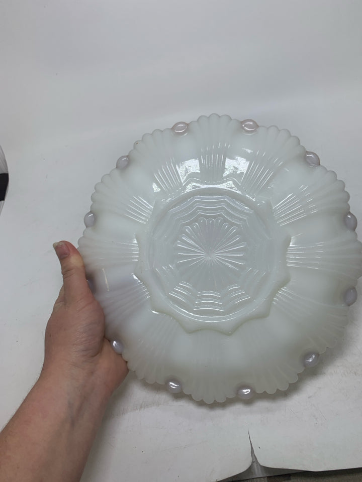 VTG MILK GLASS DEVILED EGG PLATTER SCALLOP EDGE GOLD.