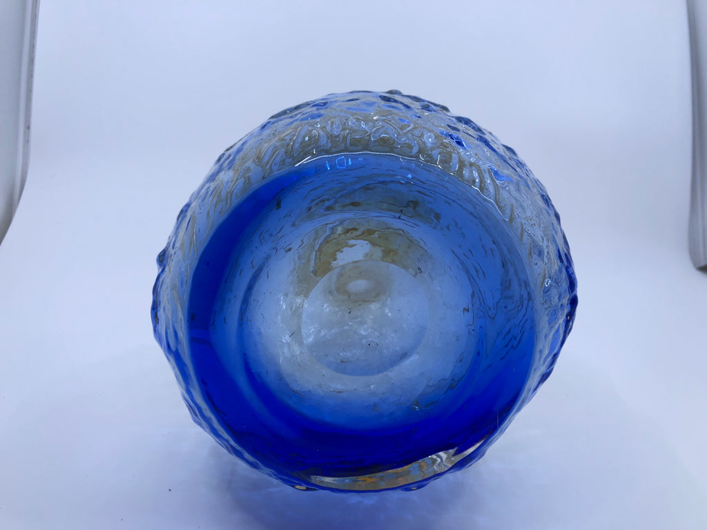 YELLOW BLOWN GLASS ABSTRACT VASE W/BLUE BOTTOM.