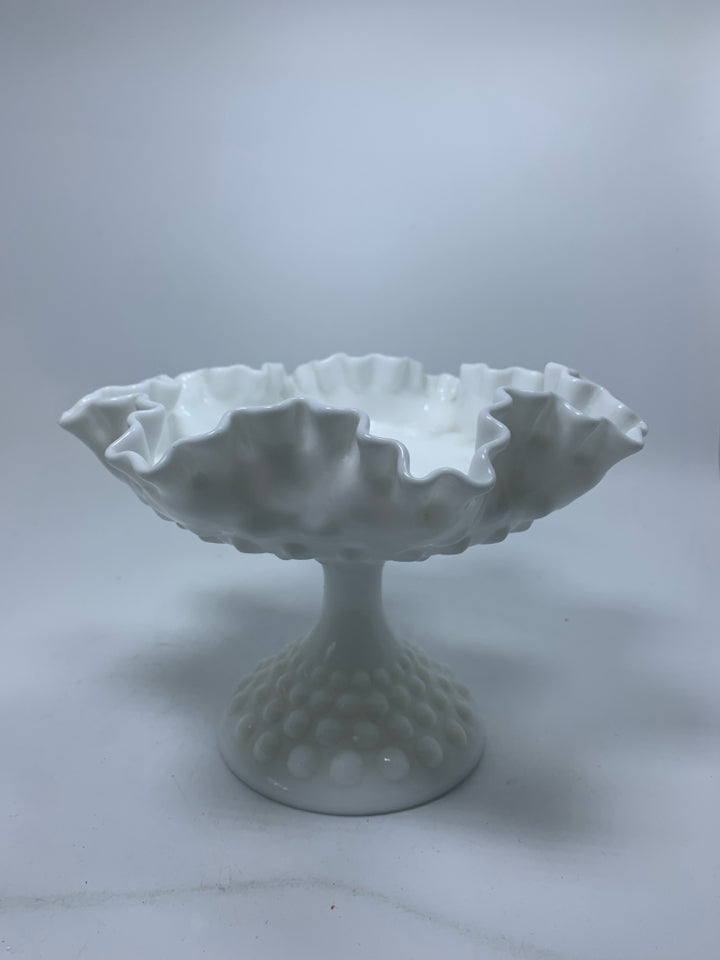 HOBNAIL MILK GLASS PEDESTAL BOWL W/ RUFFLED EDGE.