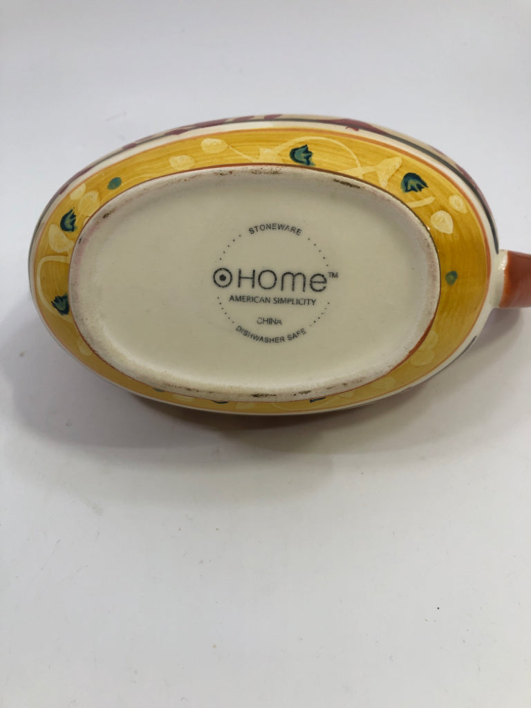 ORANGE SCROLL DESIGN GRAVY BOAT STONEWARE.