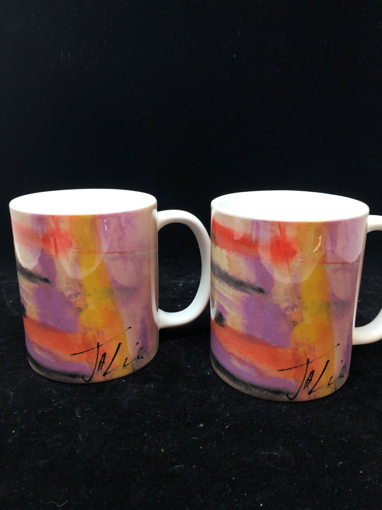 2 ABSTRACT PRINTED MUGS.