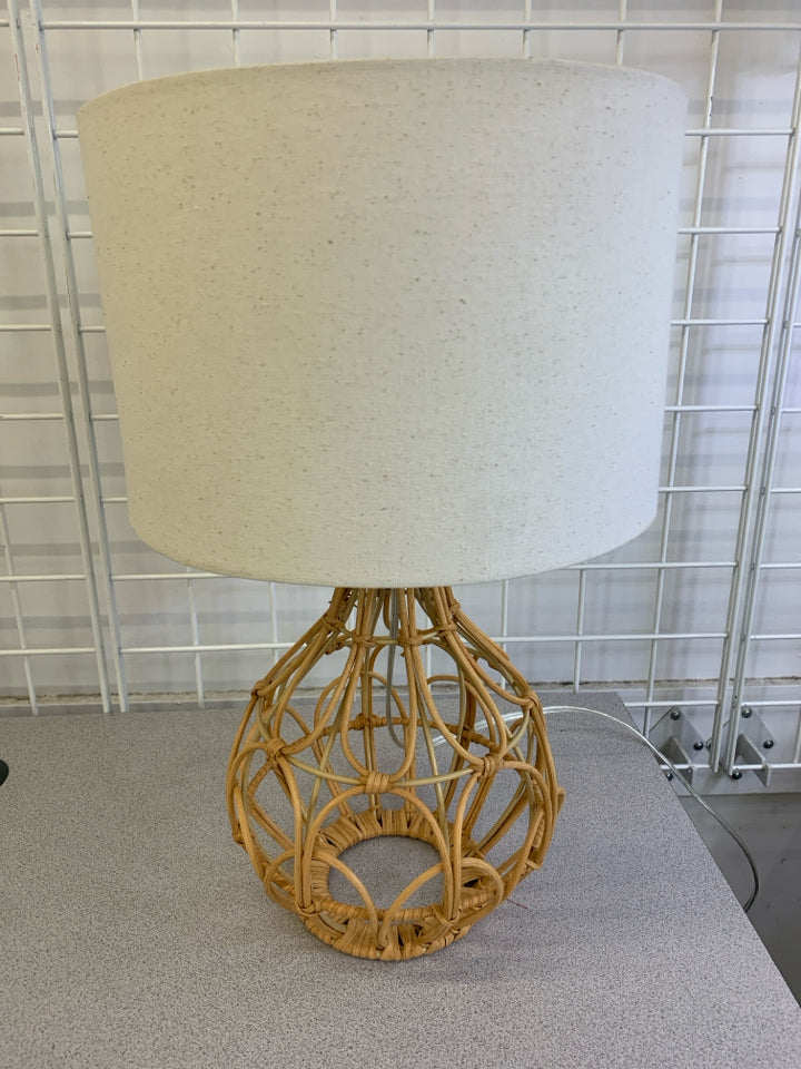 BOHO FAUX BAMBOO WOVEN LAMP W/CREAM SHADE.